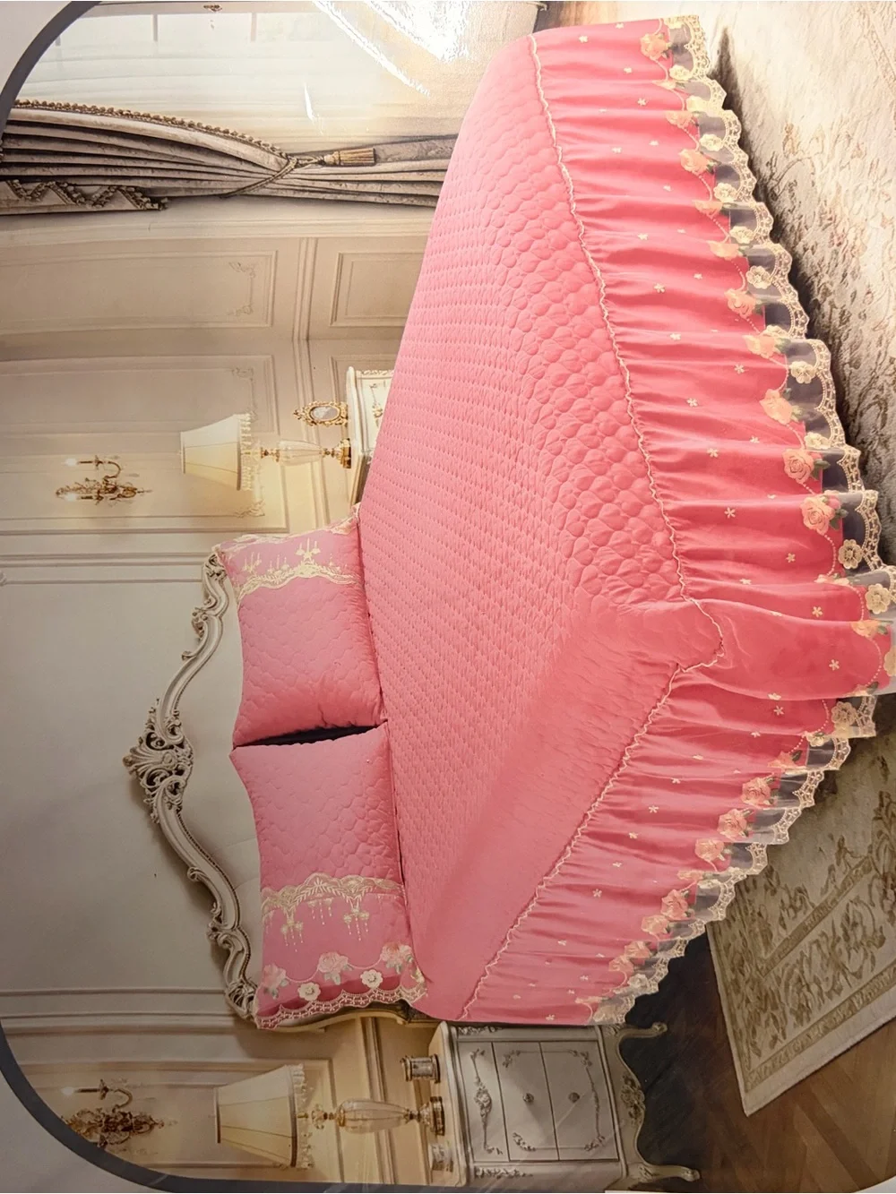 Classic Pink Quilted Bedspread Set with Lace Trim